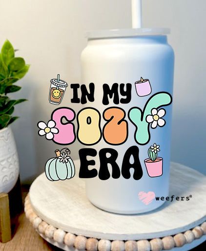 In My Cozy Era Pink Teal 16oz Libbey Glass Can UV DTF Decal Transfer Weefers
