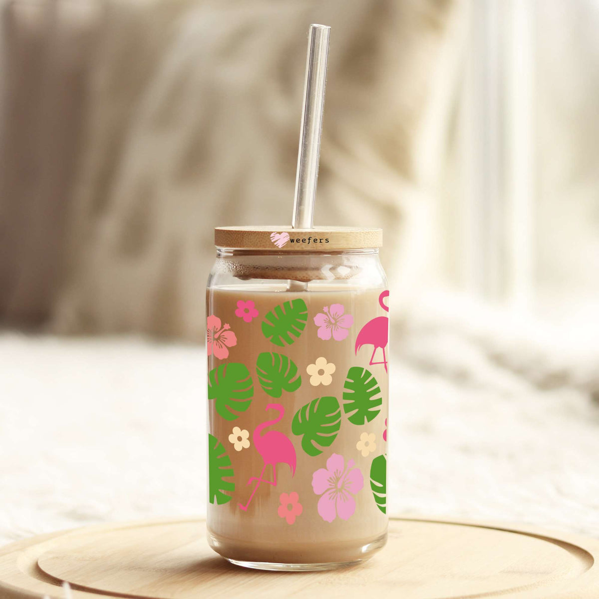 Tropical Flamingos 16oz Libbey Glass Can UV DTF or Sublimation Wrap - Transfer Weefers