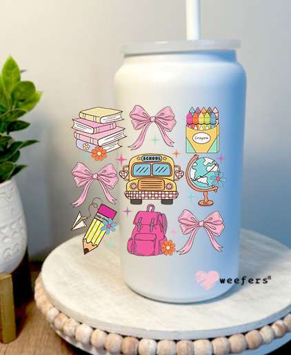 Pink Bows And School 16oz Libbey Glass Can UV DTF Decal Transfer Weefers