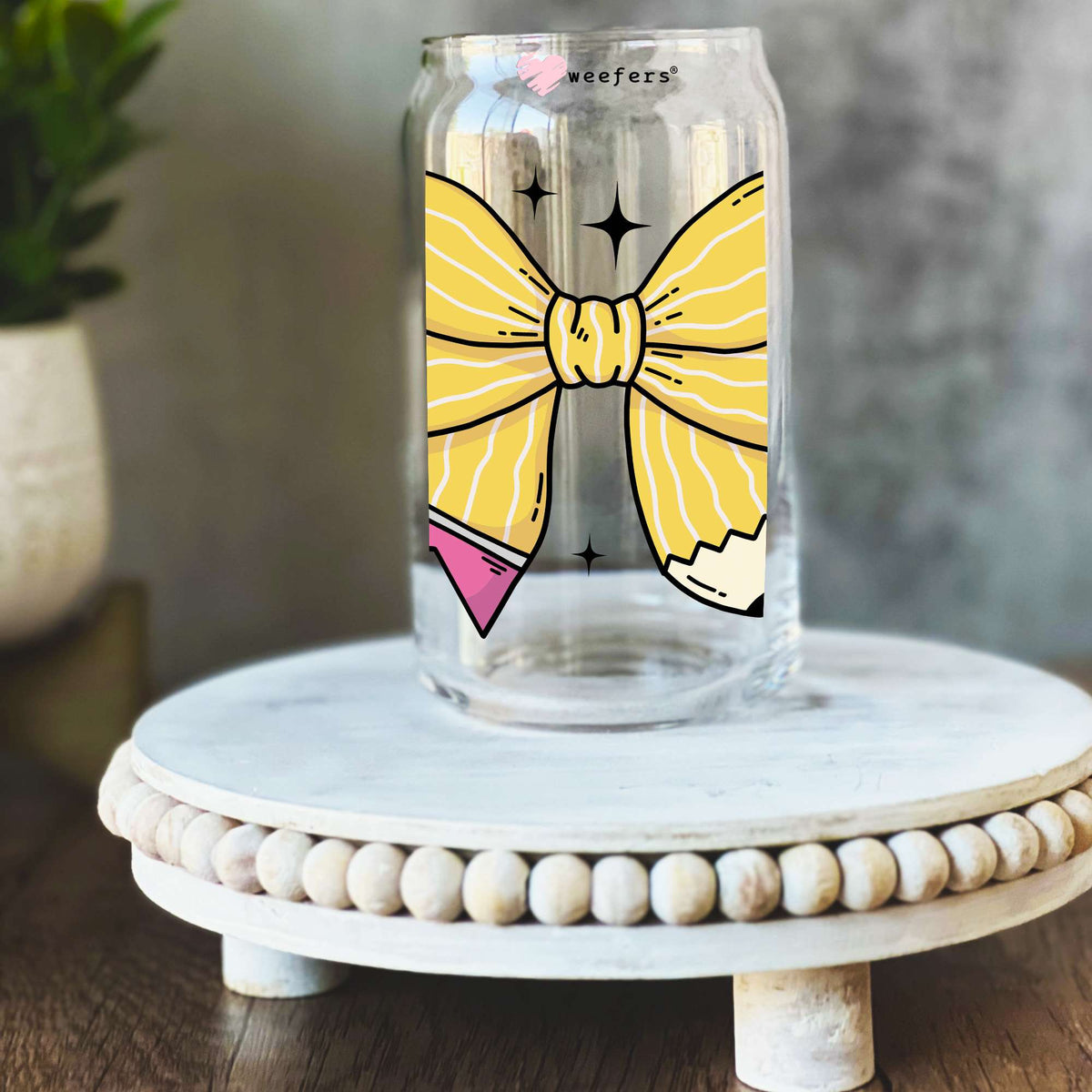 Teacher Yellow Coquette Bow 16oz Libbey Glass Can UV DTF Decal Transfer Weefers