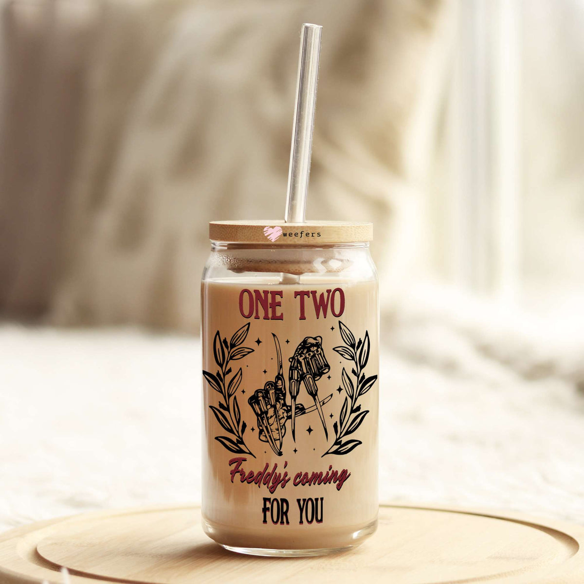 One Two Freddy's Coming For You 16oz Libbey Glass Can UV DTF or Sublimation Wrap Decal Transfer Weefers