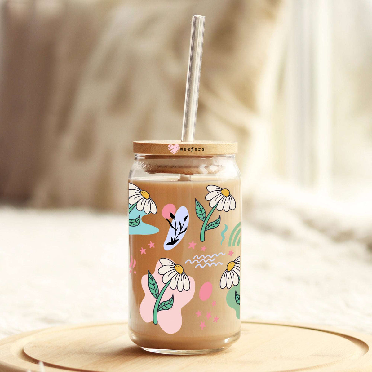 Abstract Daisies 16oz Libbey Glass Can UV DTF or Sublimation Wrap Decal Transfer Weefers