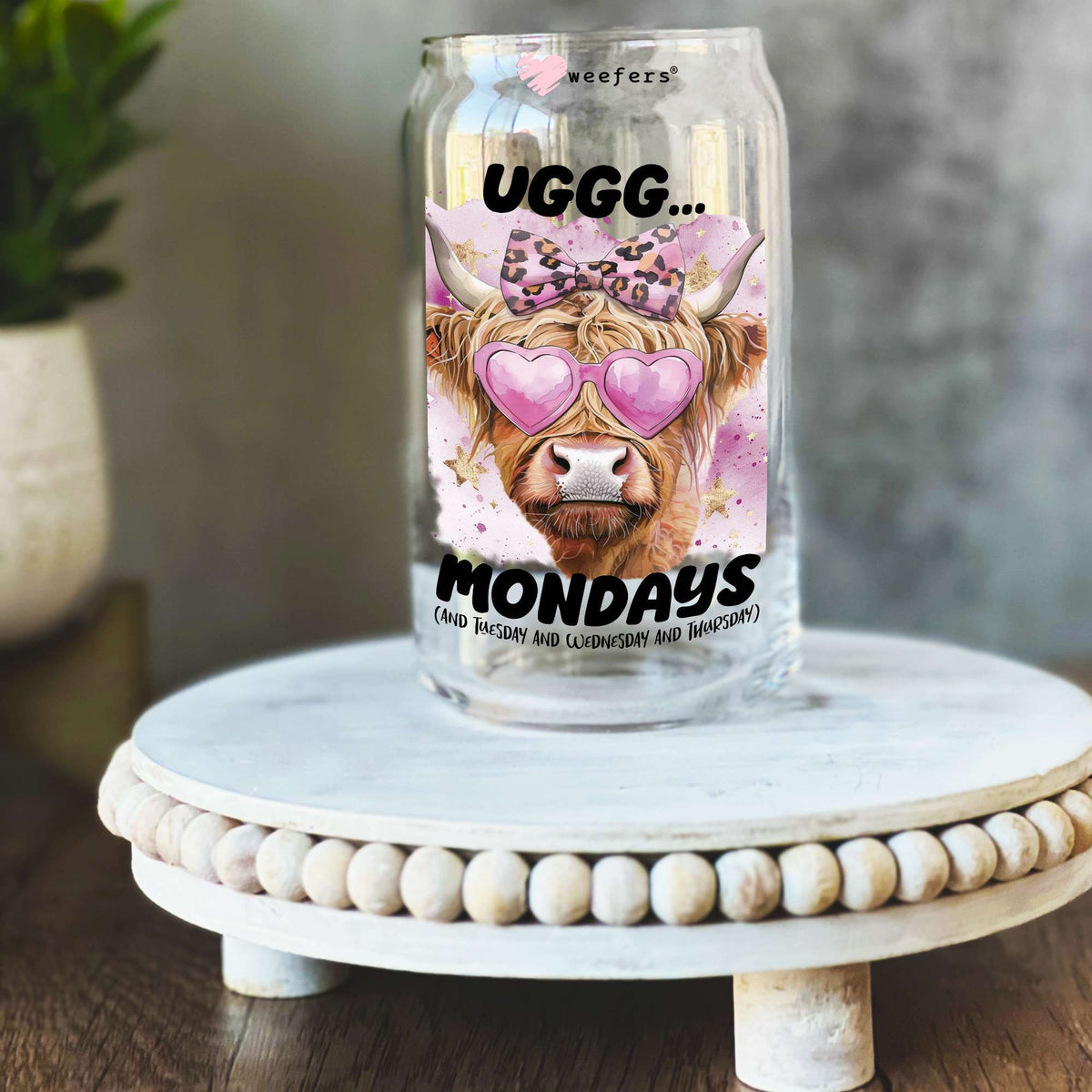 Uggg Mondays Highlander Cow 16oz Libbey Glass Can UV DTF or Sublimation Wrap Decal Transfer Weefers