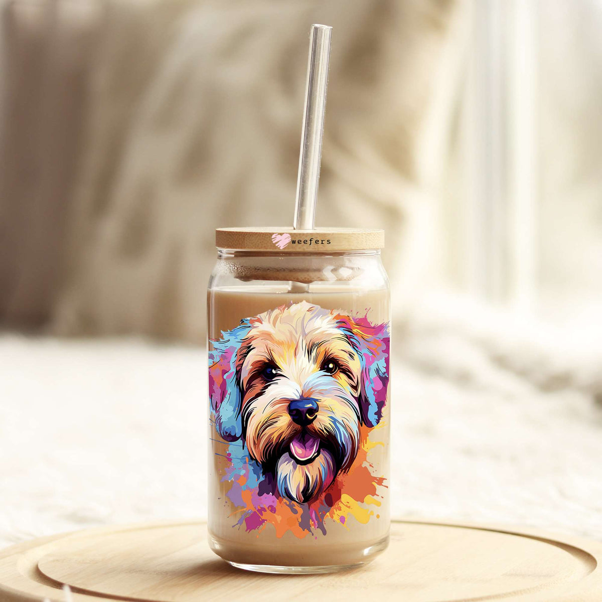 Soft Coated Wheaten Terrier Colorful Watercolor 16oz Libbey Glass Can UV DTF or Sublimation Wrap - Decal Weefers