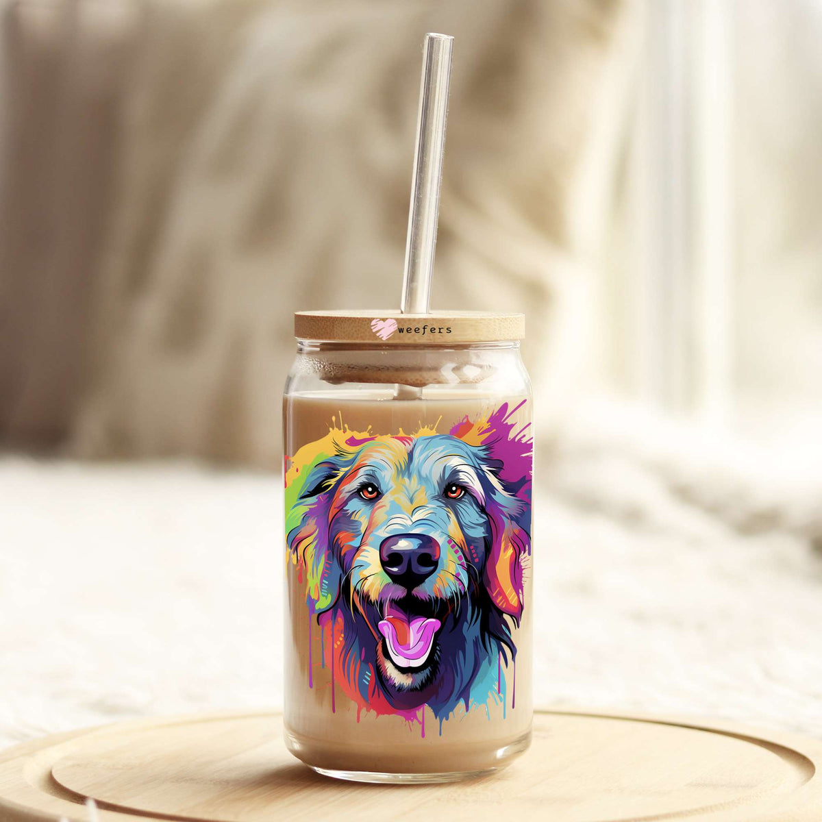 Irish Wolfhound Colorful Watercolor 16oz Libbey Glass Can UV DTF or Sublimation Wrap - Decal Weefers