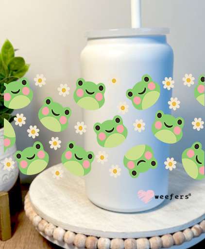Frogs and Flowers 16oz Libbey Glass Can UV DTF Decal Transfer Weefers