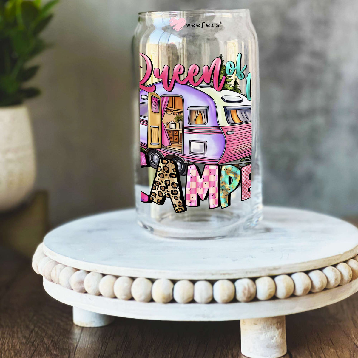 Queen of the Camper Pink 16oz Libbey Glass Can UV DTF or Sublimation Wrap Decal Transfer Weefers