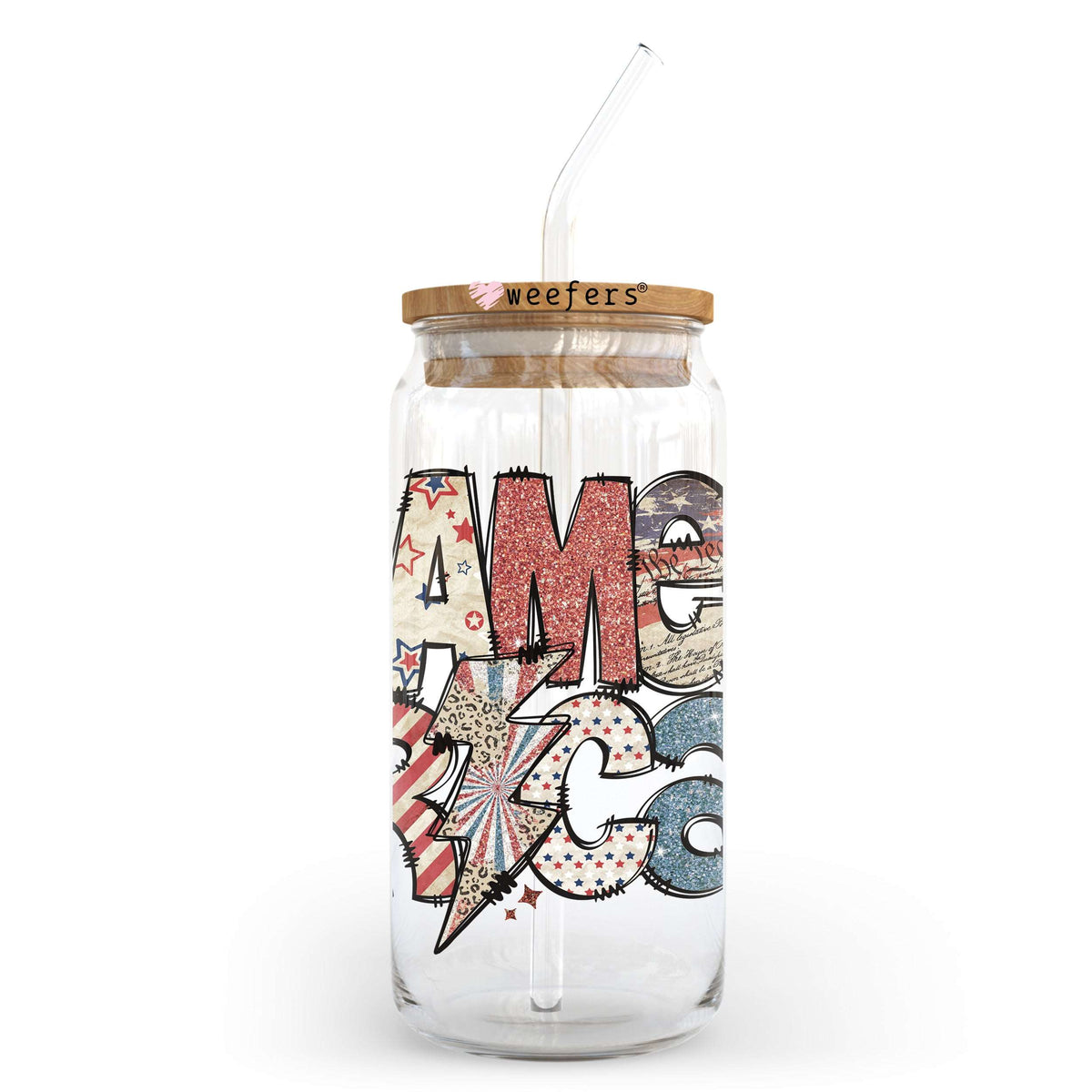 America Lightening Bolt 4th of July 20oz Libbey Glass Can UV DTF or Sublimation Decal Weefers
