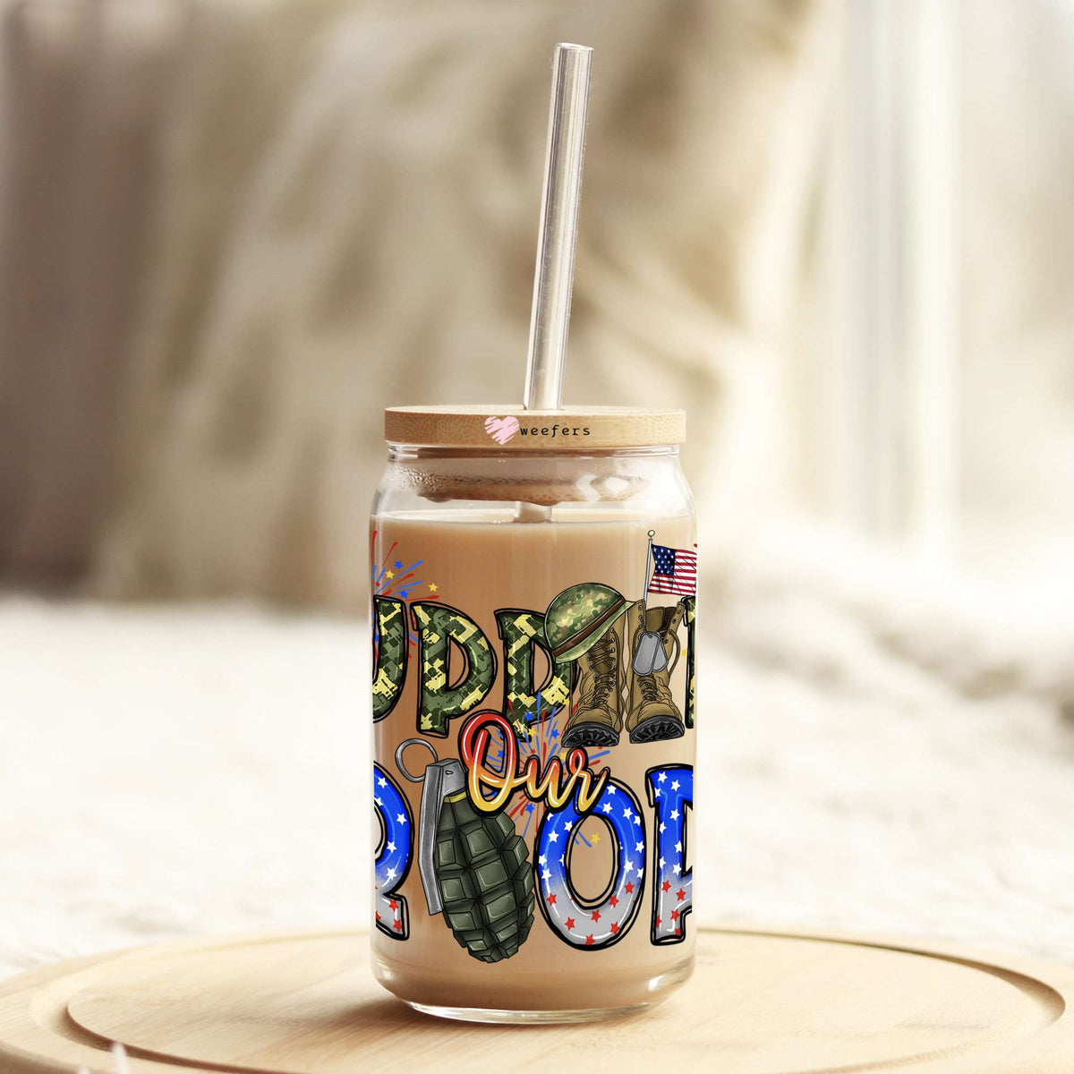 Support Our Troops 16oz Libbey Glass Can UV DTF or Sublimation Decal Transfer Weefers