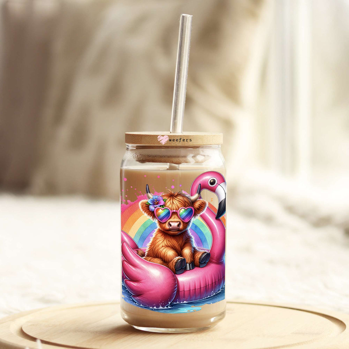 Highlander Cow Flamingo Floaty 16oz Libbey Glass Can UV DTF or Sublimation Decal - Transfer Weefers