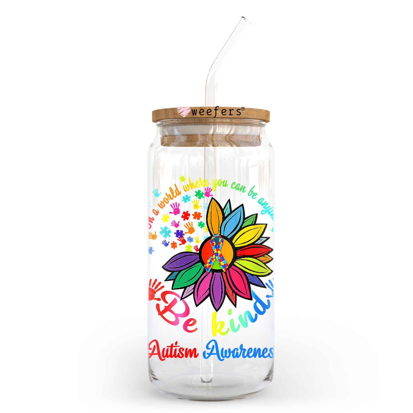 Be Kind Autism Awareness 20oz Libbey Glass Can UV DTF or Sublimation Wrap - Decal Transfer Weefers