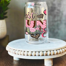 Load image into Gallery viewer, a glass jar with a pink and brown design on it
