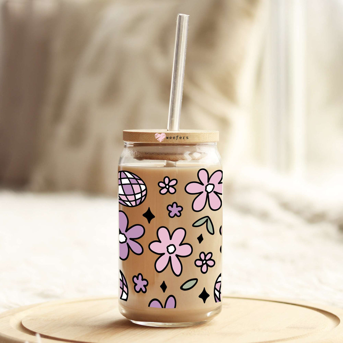 Retro Disco Flowers 16oz Libbey Glass Can UV DTF or Sublimation Wrap - Decal Transfers Weefers