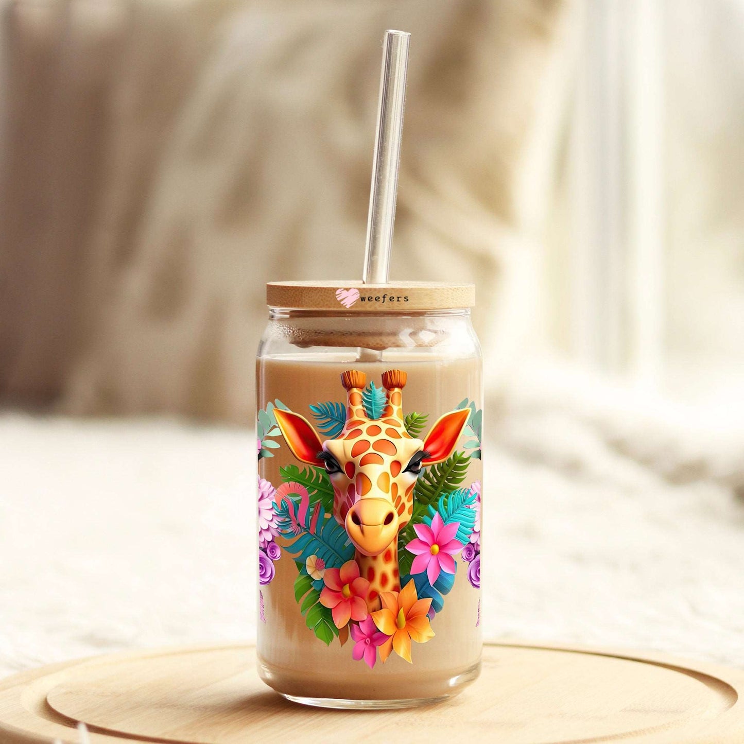 3D Giraffe Floral 16oz Libbey Glass Can UV DTF or Sublimation Cup Wrap - Decal Transfer Weefers