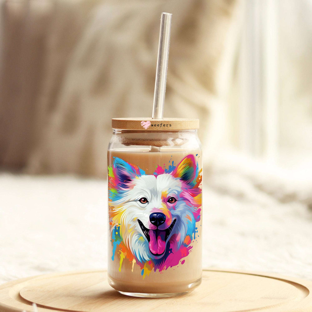 American Eskimo Colorful Watercolor 16oz Libbey Glass Can UV DTF or Sublimation Wrap - Decal Weefers