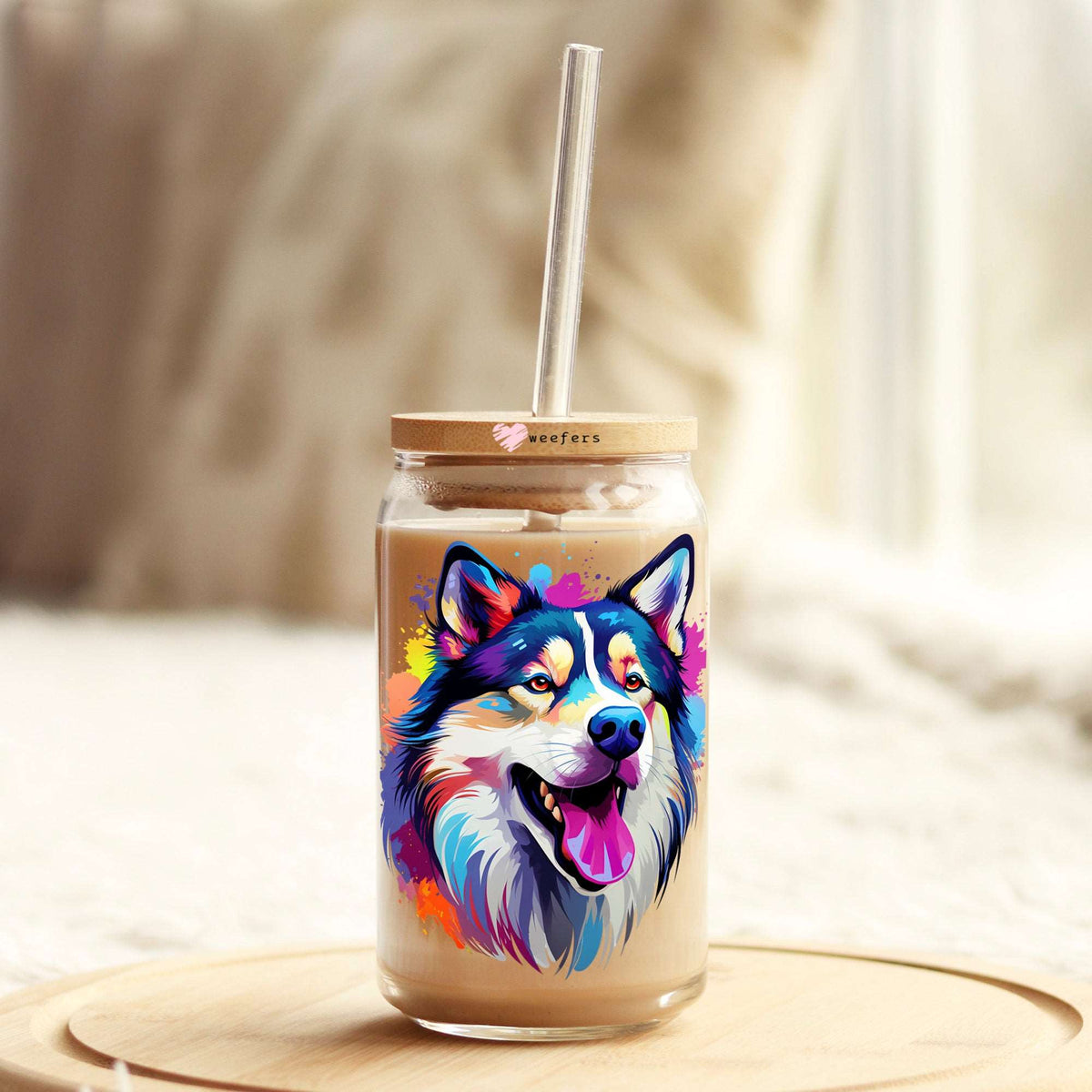 Alaskan Malamute Colorful Watercolor 16oz Libbey Glass Can UV DTF or Sublimation Wrap - Decal Weefers
