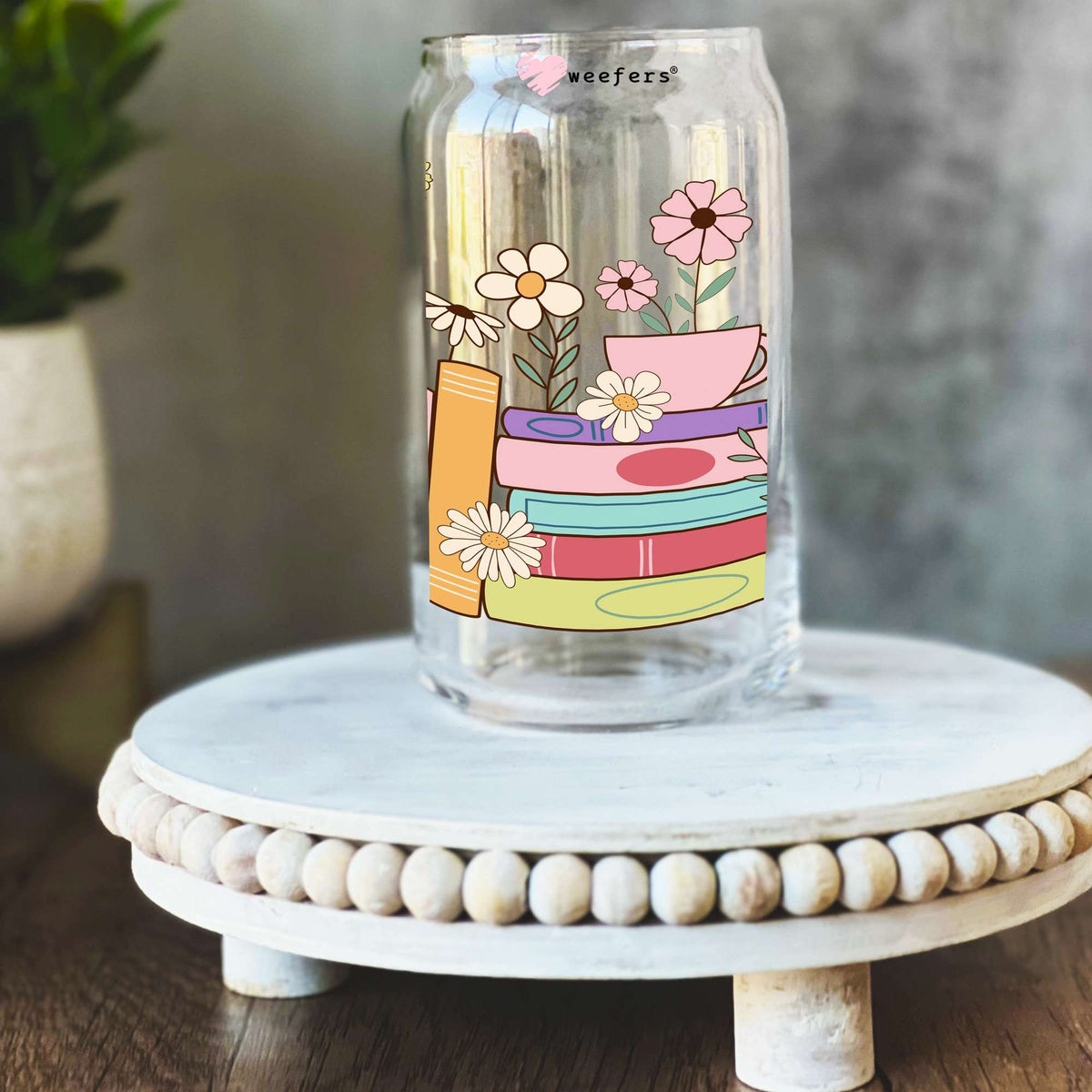 Stacked Books Book Lover 16oz Libbey Glass Can UV DTF or Sublimation Wrap - Transfer Weefers