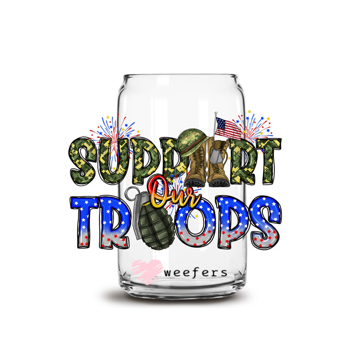 a jar with a microphone inside of it with the words support our troops