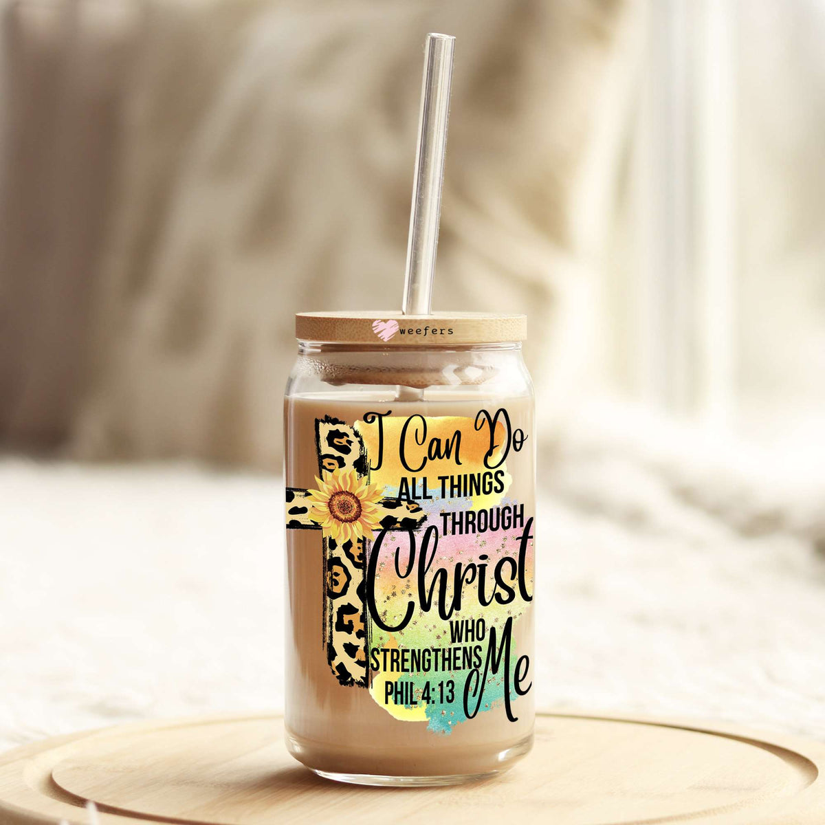 I Can Do All Things Through Christ Who Strengthens Me Phil 4:13 16oz Libbey Glass Can UV DTF or Sublimation Wrap - Decal Weefers