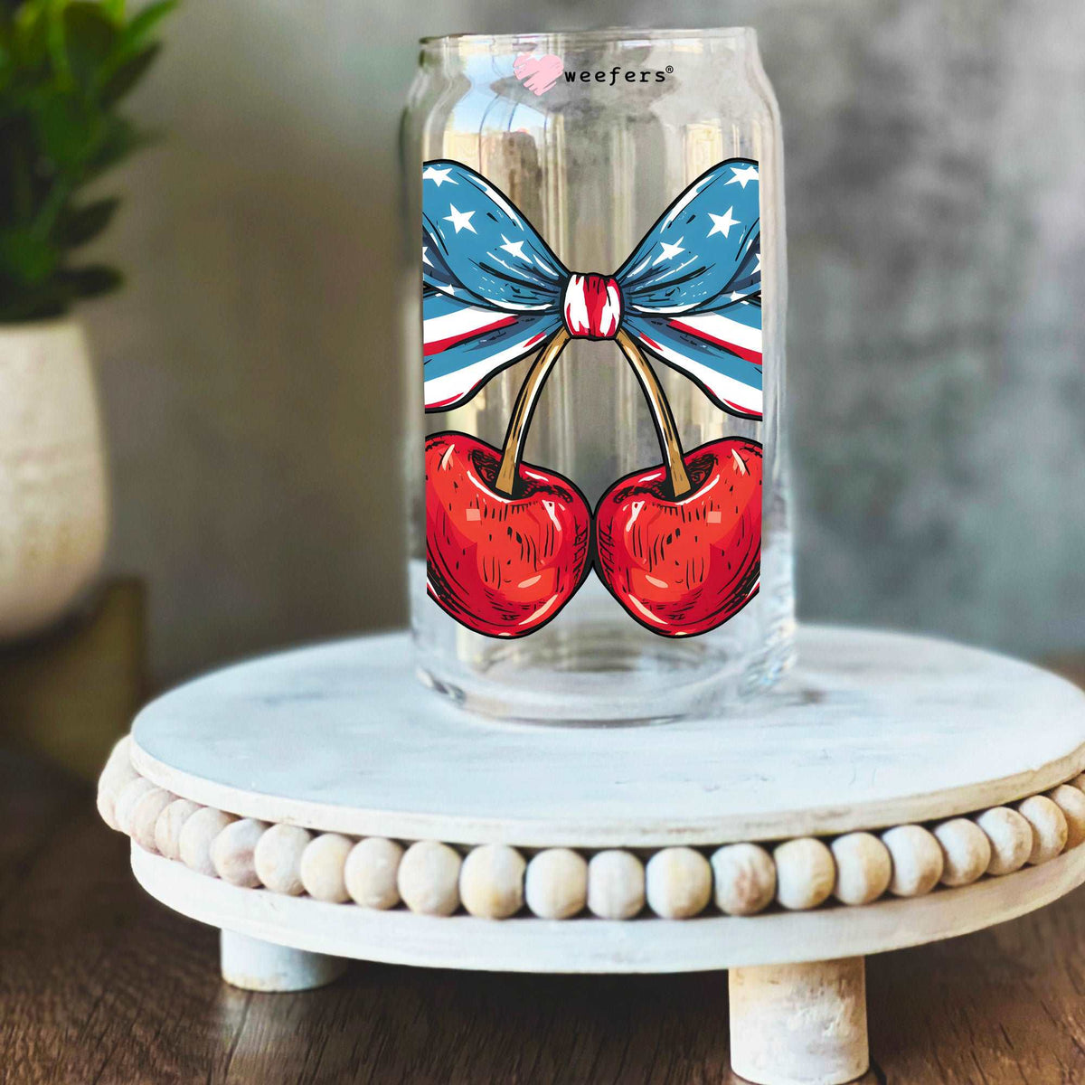 4th of July Bow Cherry 16oz Libbey Glass Can UV DTF or Sublimation Decal Transfer Weefers