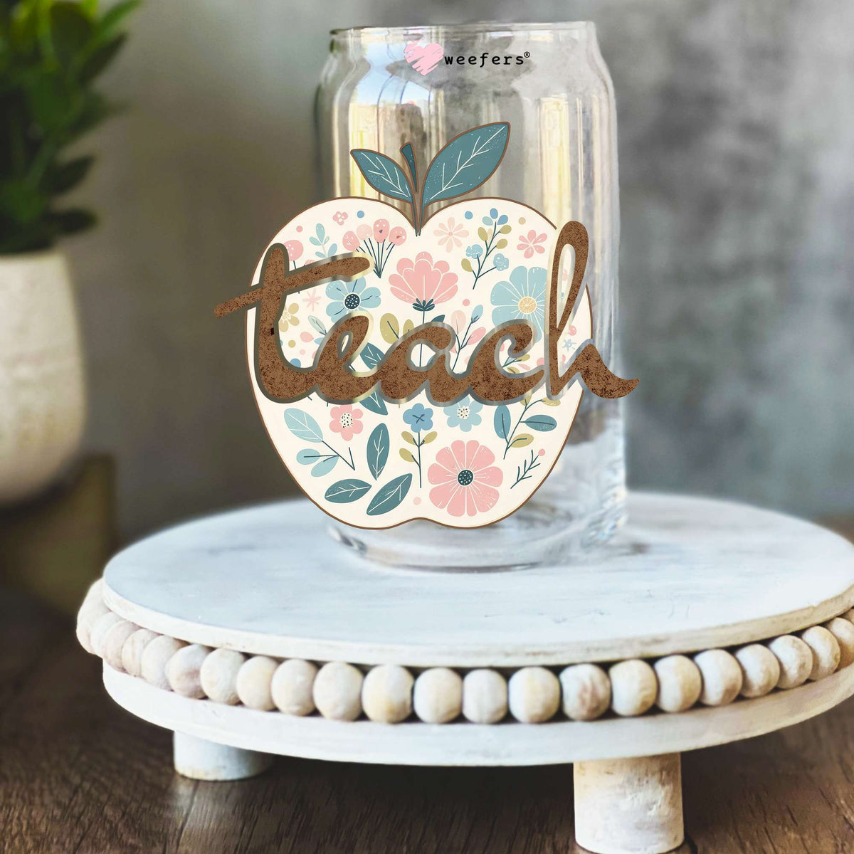 Teach Floral Apple 16oz Libbey Glass Can UV DTF Decal Transfer Weefers