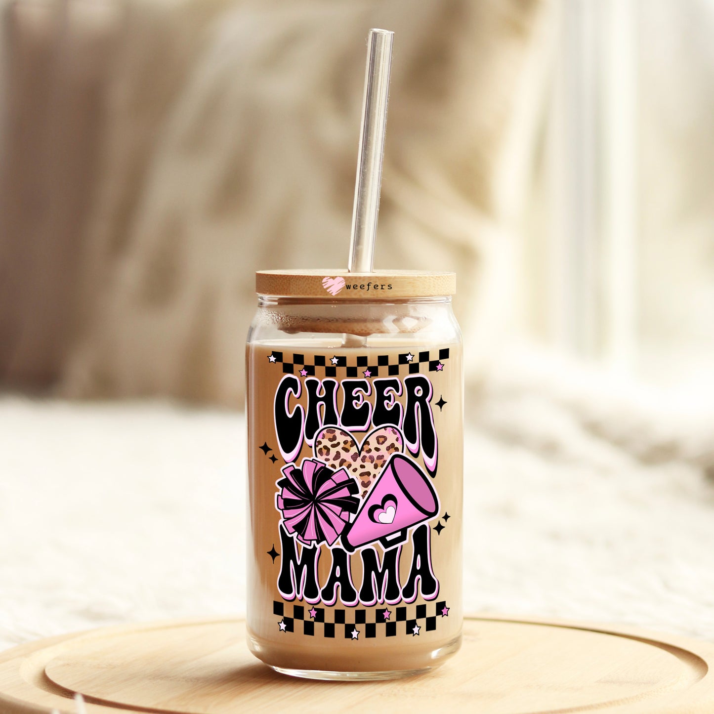 Cheer Mama Pink and Black 16oz Libbey Glass Can UV DTF or Sublimation Wrap - Decal Weefers