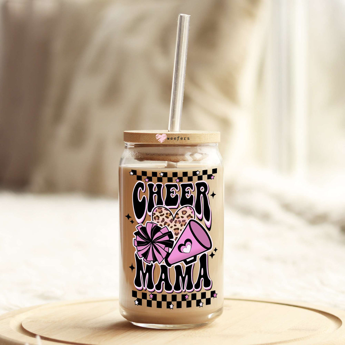 Cheer Mama Pink and Black 16oz Libbey Glass Can UV DTF or Sublimation Wrap - Decal Weefers