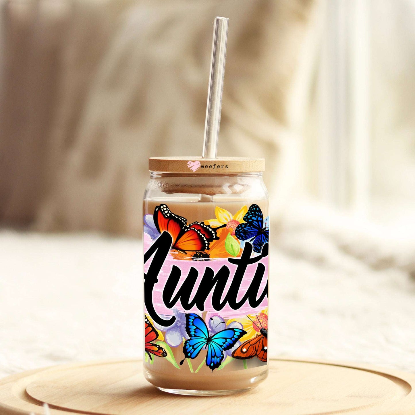 Auntie Colorful Butterflies 16oz Libbey Glass Can UV DTF or Sublimation Wrap Decal Transfer Weefers