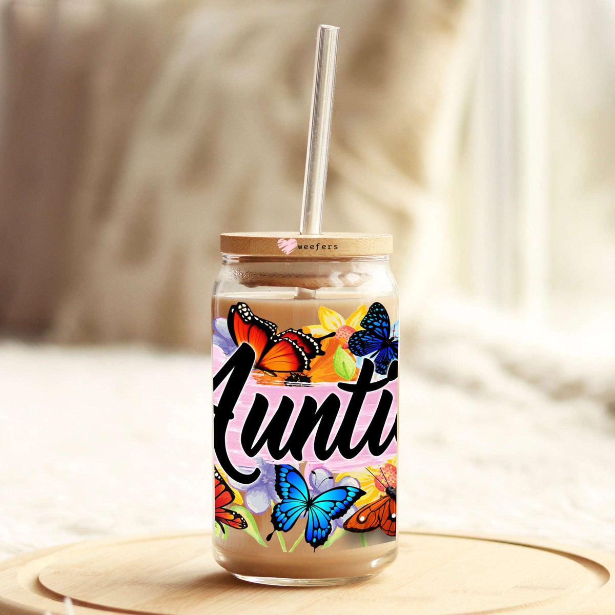 Auntie Colorful Butterflies 16oz Libbey Glass Can UV DTF or Sublimation Wrap Decal Transfer Weefers