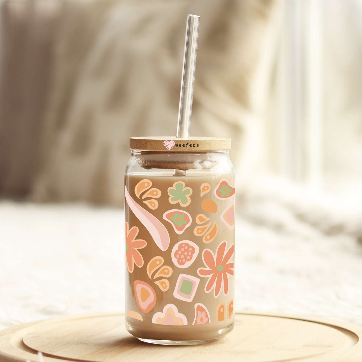 Groovy Orange Flowers 16oz Libbey Glass Can UV DTF or Sublimation Wrap - Transfer Weefers