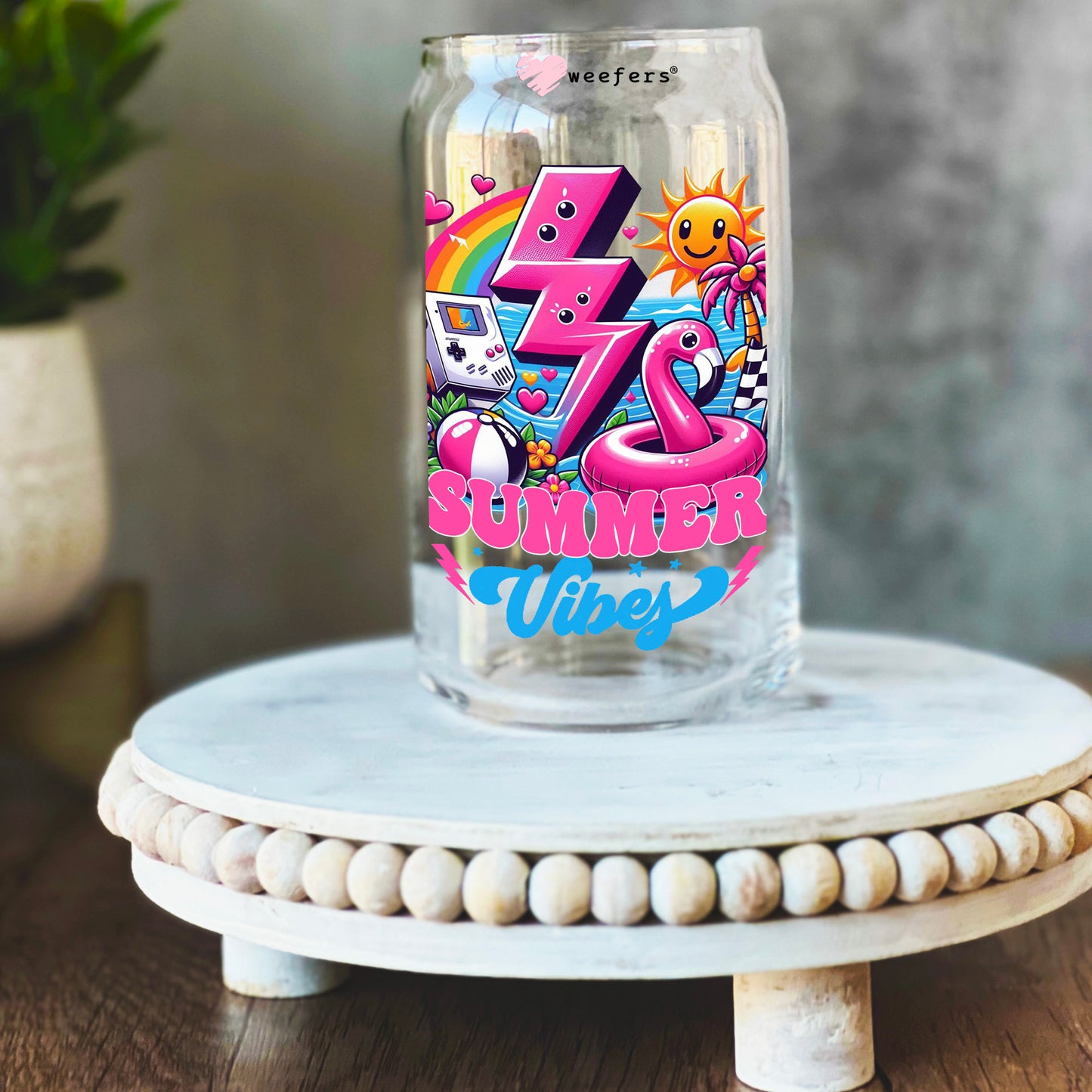 Pink Summer Vibes 80's 16oz Libbey Glass Can UV DTF or Sublimation Wrap Decal Transfer Weefers