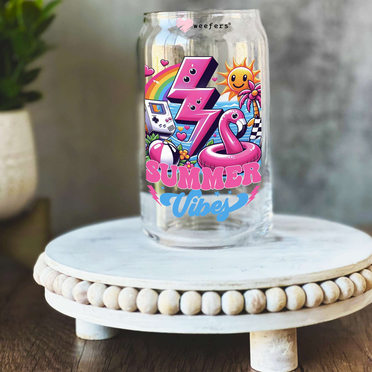 Pink Summer Vibes 80's 16oz Libbey Glass Can UV DTF or Sublimation Wrap Decal Transfer Weefers