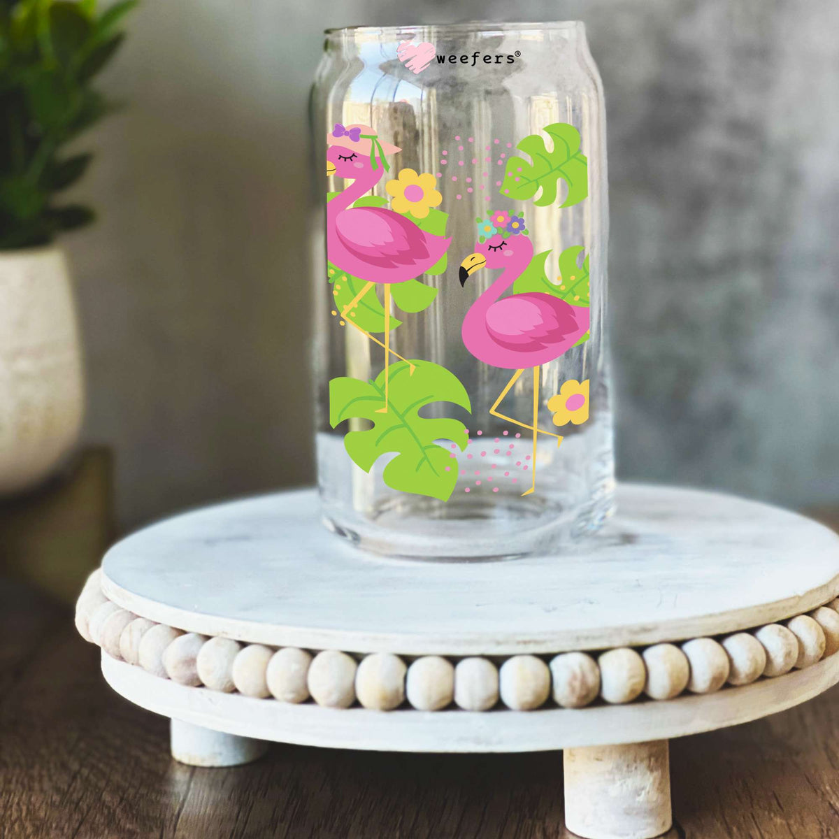 Summer Flocking Flamingos 16oz Libbey Glass Can UV DTF or Sublimation Wrap - Transfer Weefers