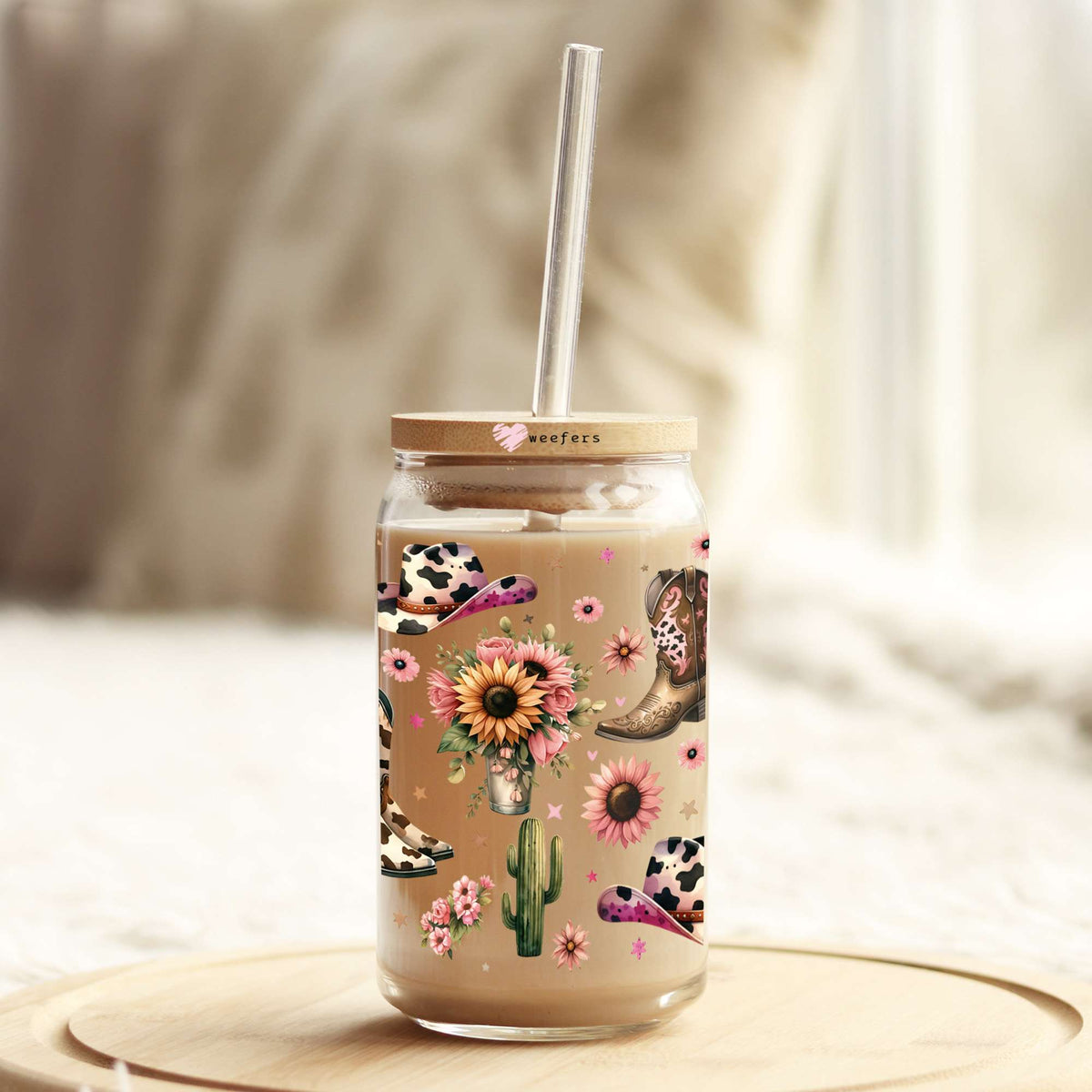 Western Sunflower Cowboy Boots 16oz Libbey Glass Can UV DTF or Sublimation Wrap - Transfer Weefers