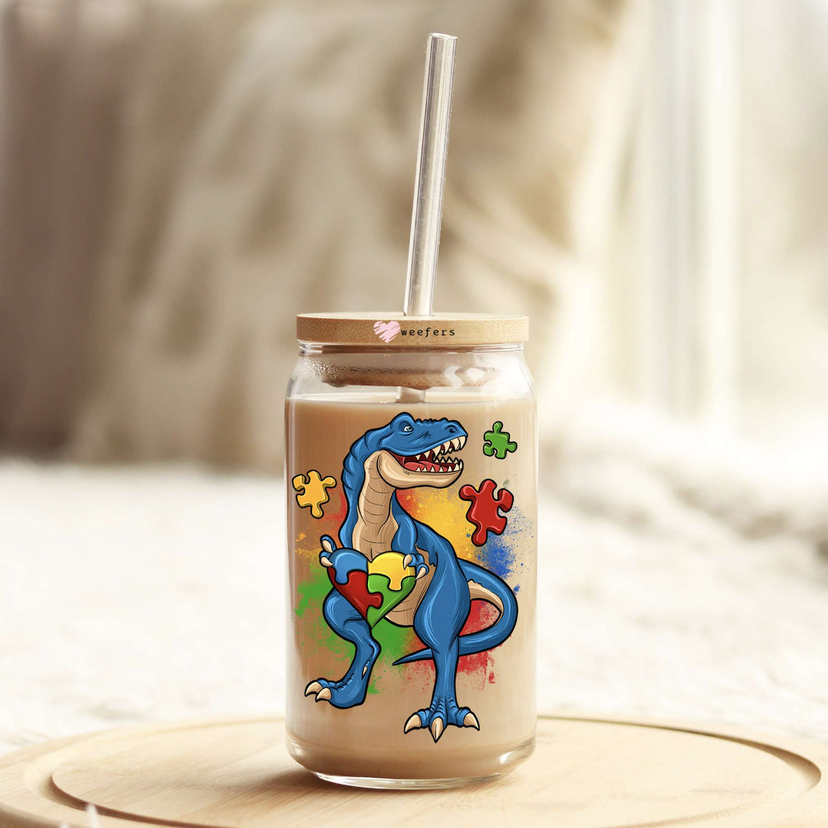 Autism Awareness T-Rex 16oz Libbey Glass Can UV DTF or Sublimation Wrap - Decal Transfers Weefers
