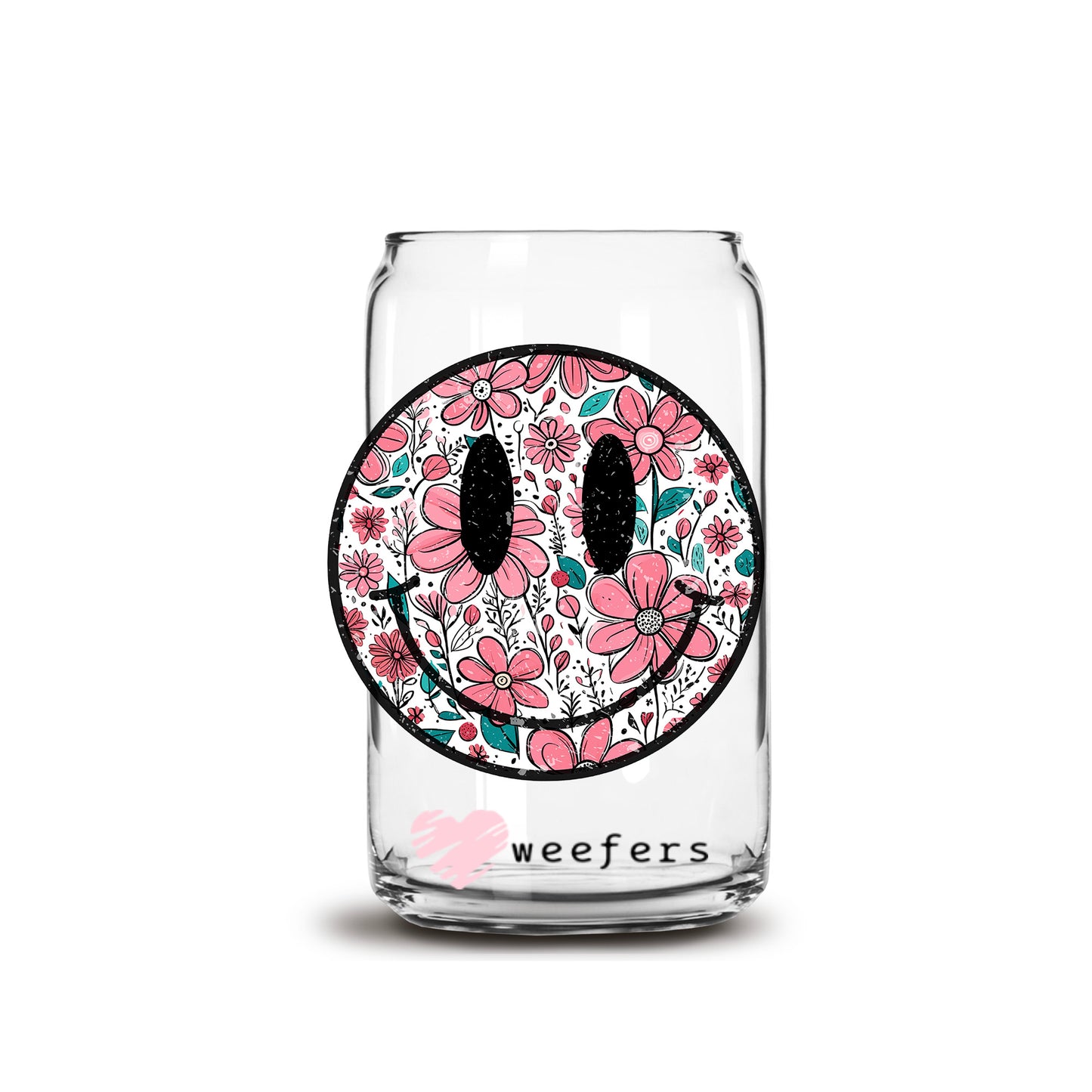 Floral Smile Face 16oz Libbey Glass Can UV DTF or Sublimation Wrap Decal Transfer Weefers
