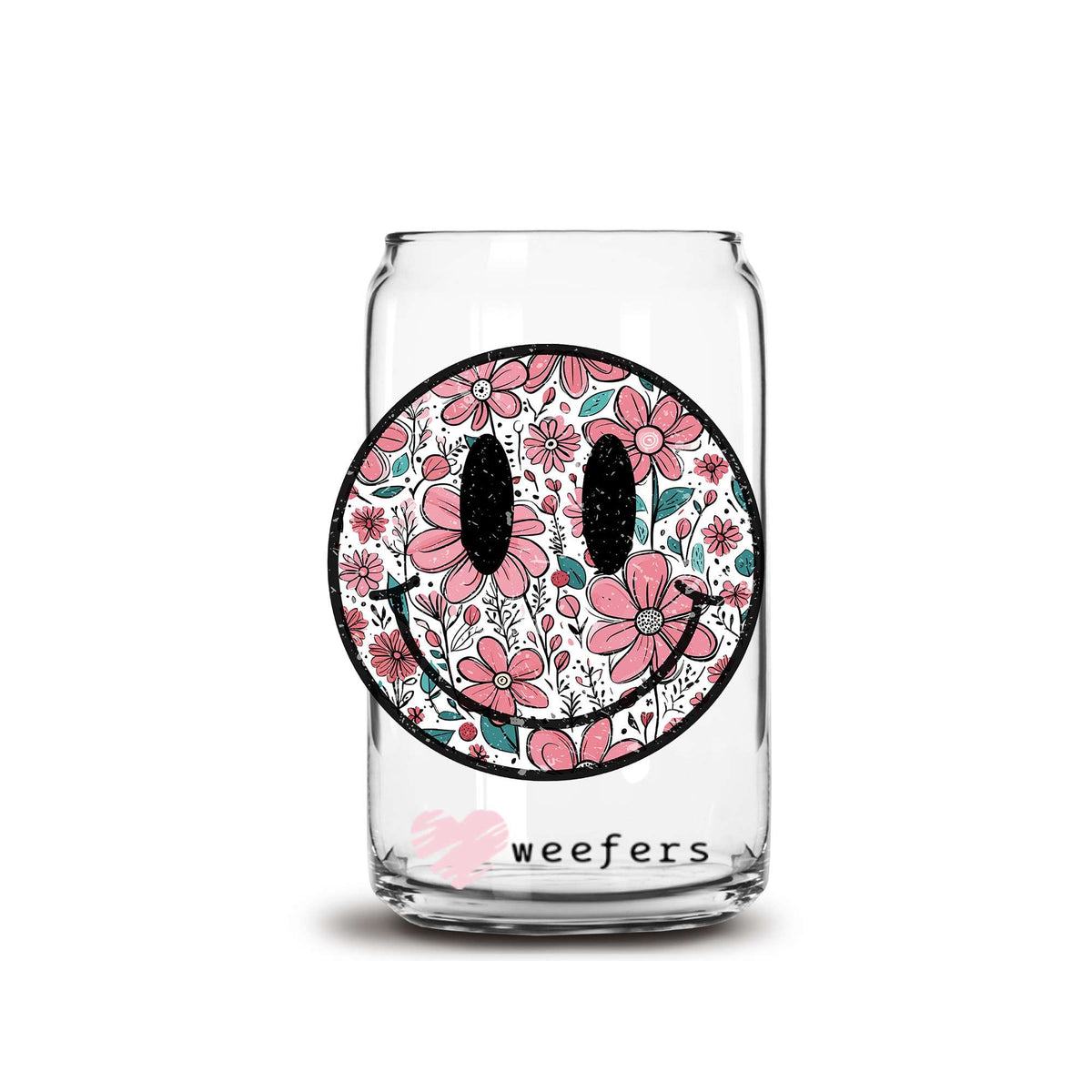 Floral Smile Face 16oz Libbey Glass Can UV DTF or Sublimation Wrap Decal Transfer Weefers