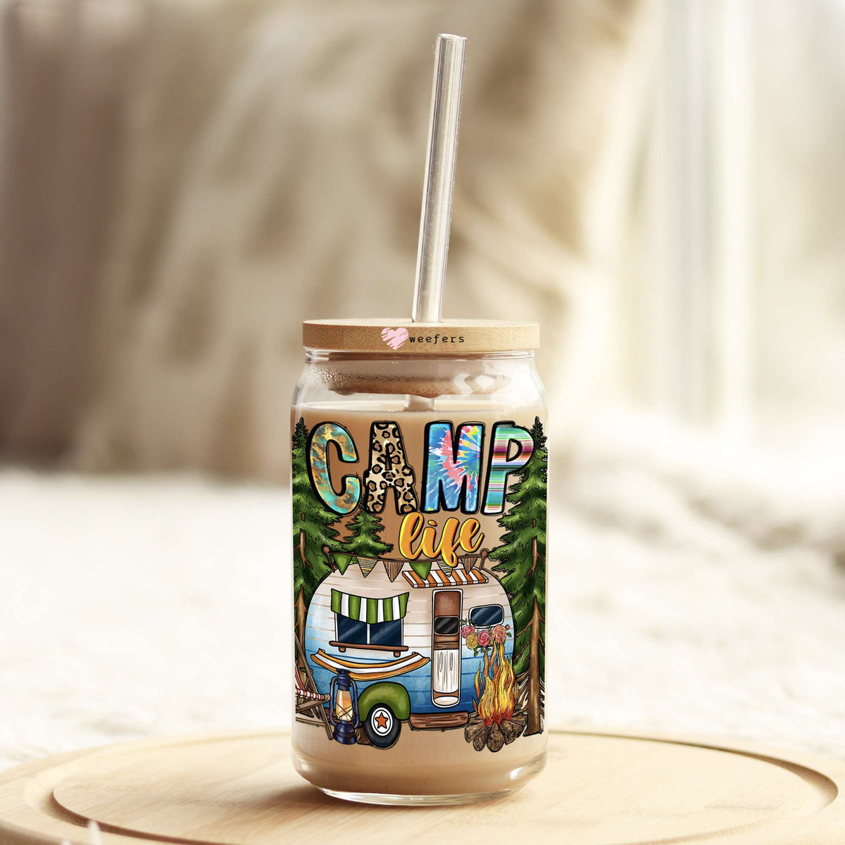 Camp Life 16oz Libbey Glass Can UV DTF or Sublimation Wrap - Decal Transfer Weefers
