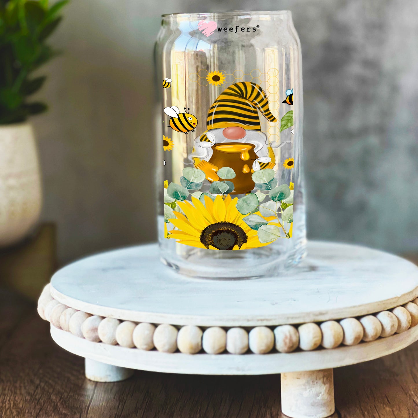 Yellow Bumble Bee Gnomes 16oz Libbey Glass Can UV DTF or Sublimation Wrap - Transfer Weefers
