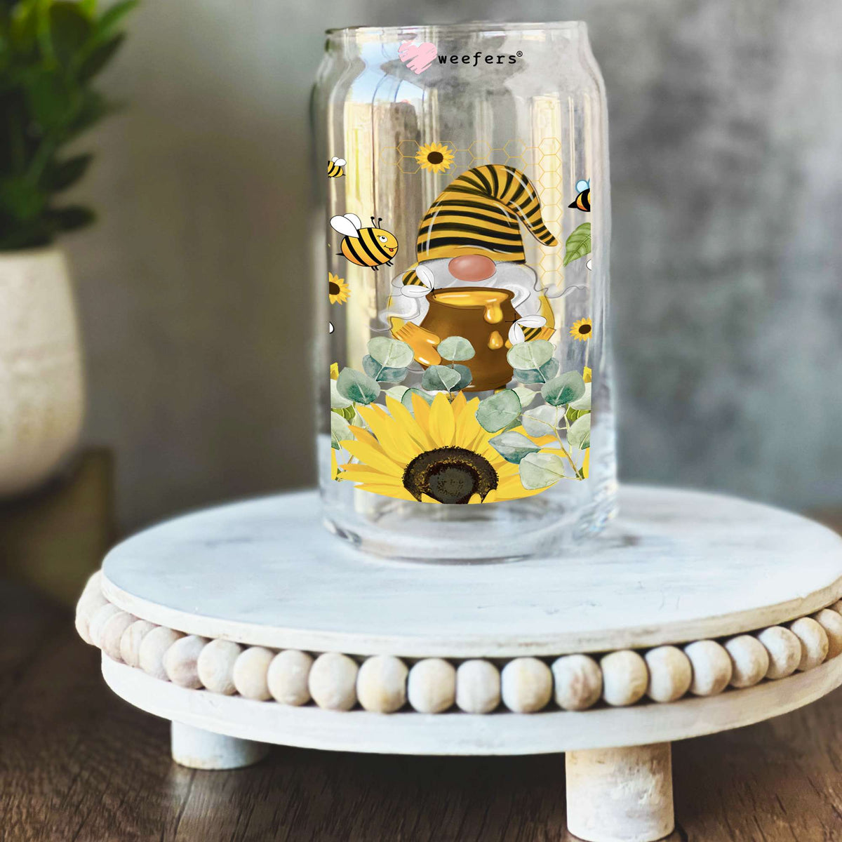 Yellow Bumble Bee Gnomes 16oz Libbey Glass Can UV DTF or Sublimation Wrap - Transfer Weefers