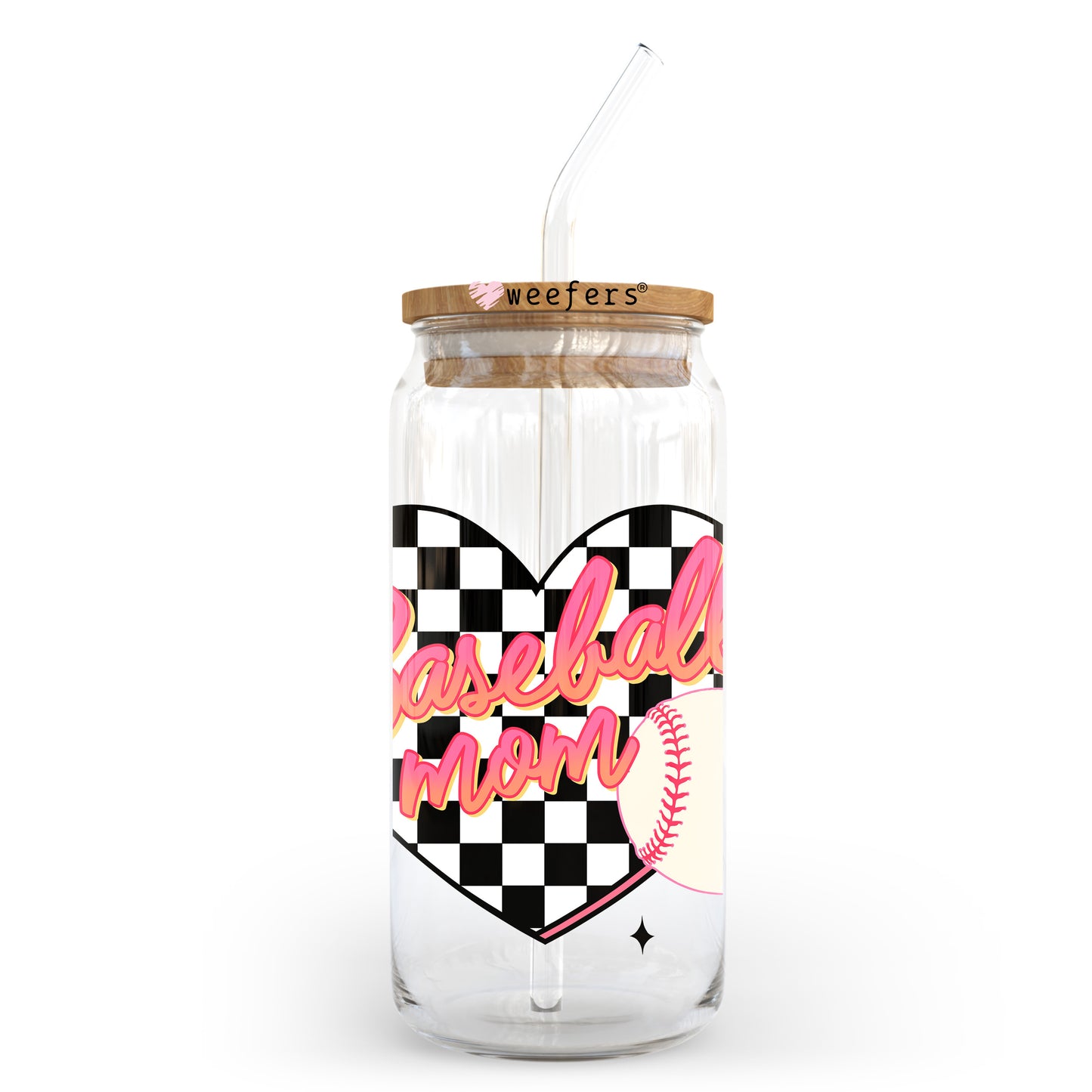 Baseball Mom Heart Checkered 20oz Libbey Glass Can, 34oz Hip Sip, 40oz Tumbler, 24oz Cold Cup UV DTF or Sublimation Decal Transfer Weefers