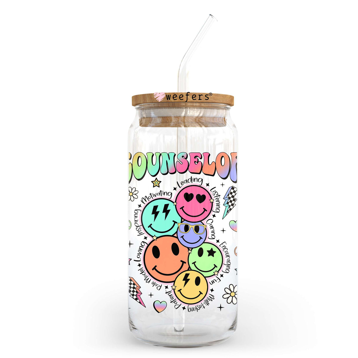 Counselor Retro Smile Face 20oz Libbey Glass Can UV DTF or Sublimation Decal Weefers