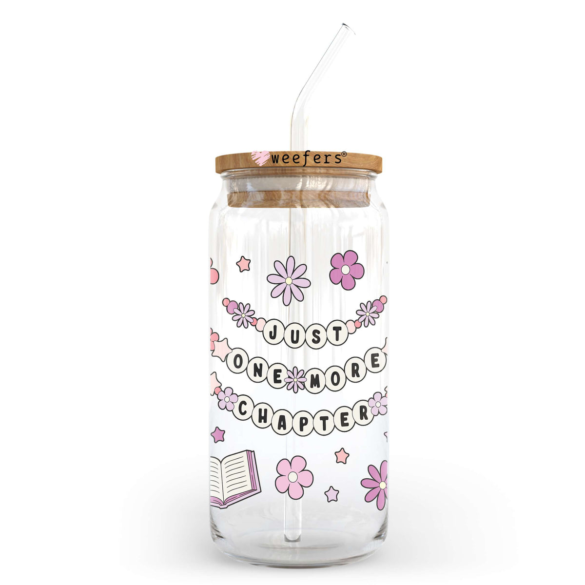 Just One More Chapter Pink and Purple Book Lover 20oz Libbey Glass Can UV DTF or Sublimation Wrap - Decal Transfer Weefers