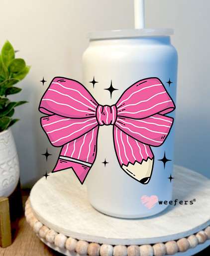 Teacher Pink Coquette Bow 16oz Libbey Glass Can UV DTF Decal Transfer Weefers