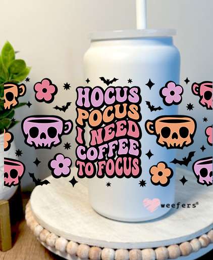 Hocus Pocus I Need Coffee to Focus Halloween 16oz Libbey Glass Can UV DTF Decal Transfer Weefers