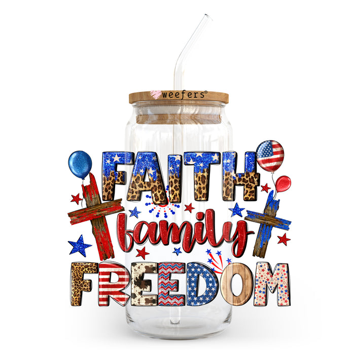 a jar with a straw in it that says, faith, family, and freedom