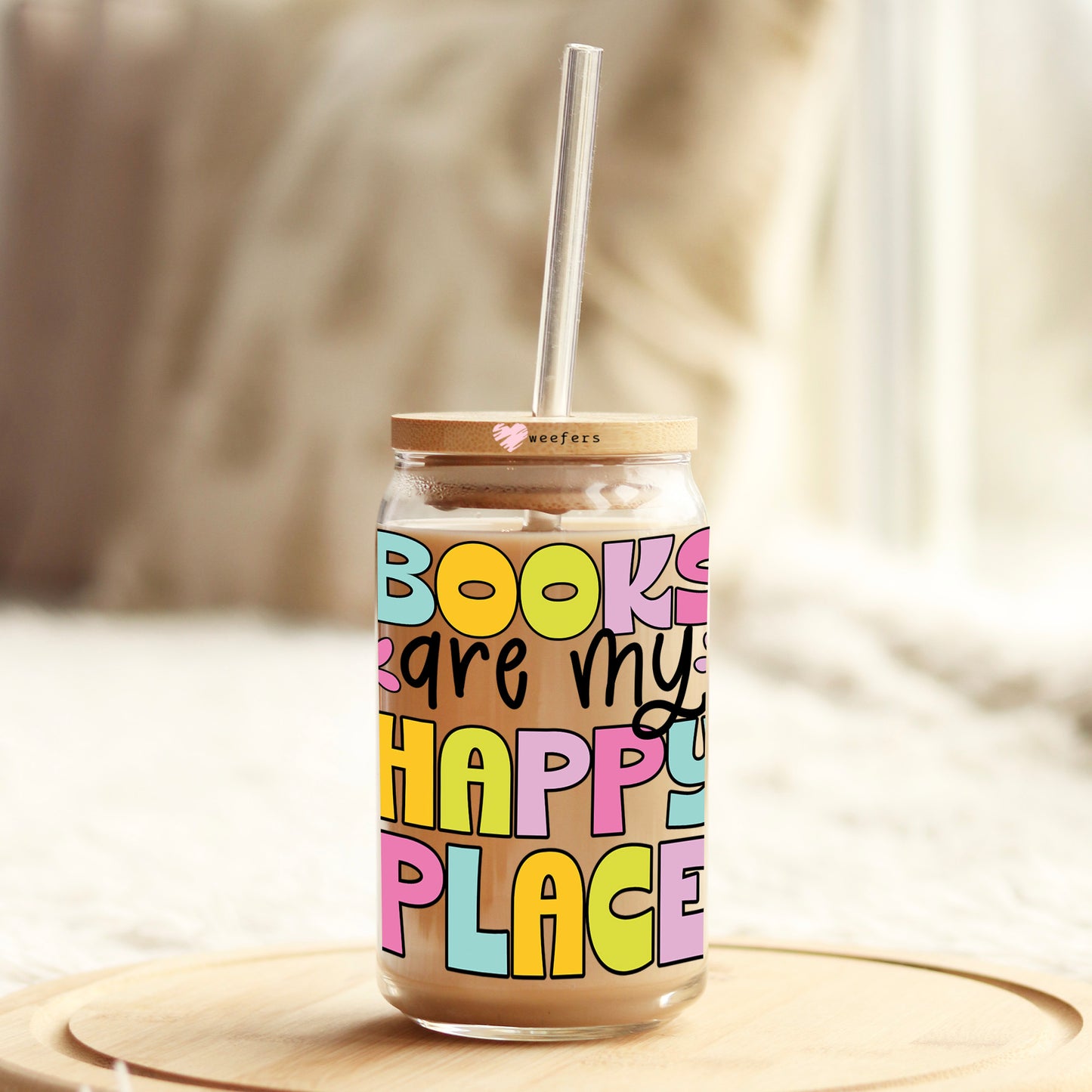 Books Are My Happy Place 16oz Libbey Glass Can UV DTF or Sublimation Wrap Decal Transfer Weefers