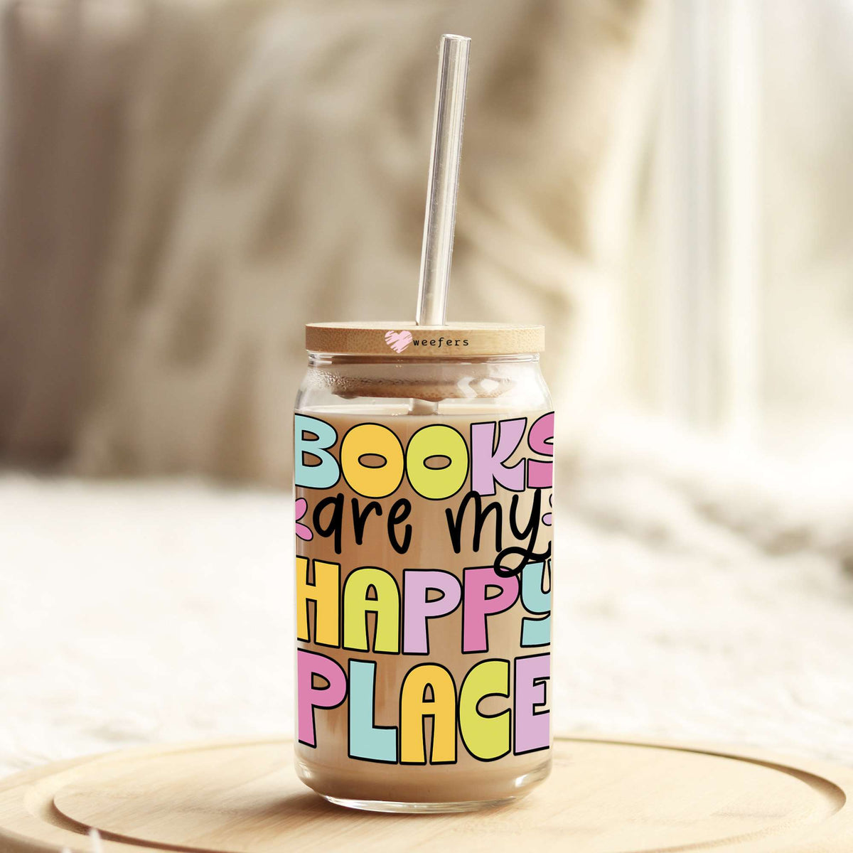 Books Are My Happy Place 16oz Libbey Glass Can UV DTF or Sublimation Wrap Decal Transfer Weefers