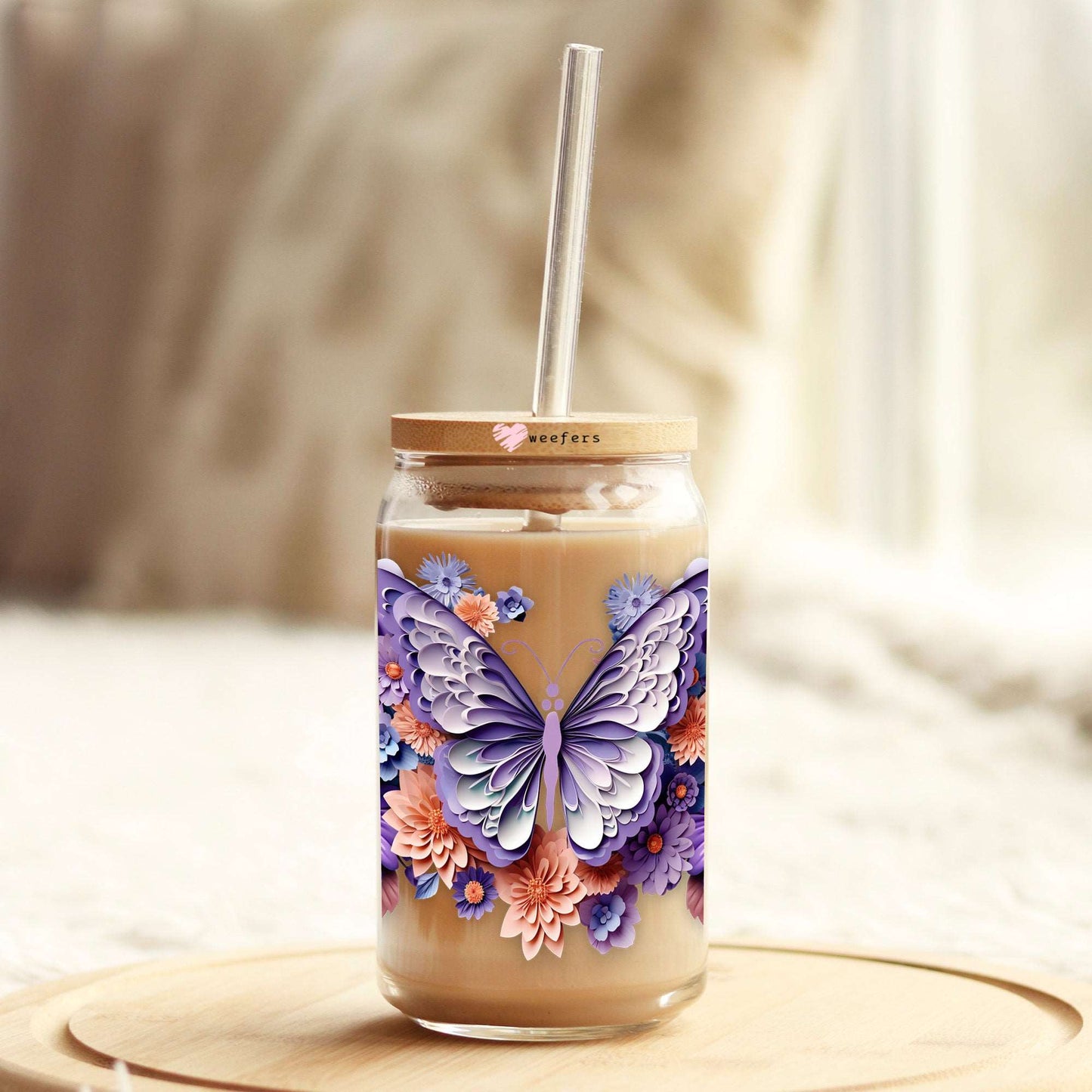 3D Purple Butterfly Floral 16oz Libbey Glass Can UV DTF or Sublimation Cup Wrap - Decal Transfer Weefers