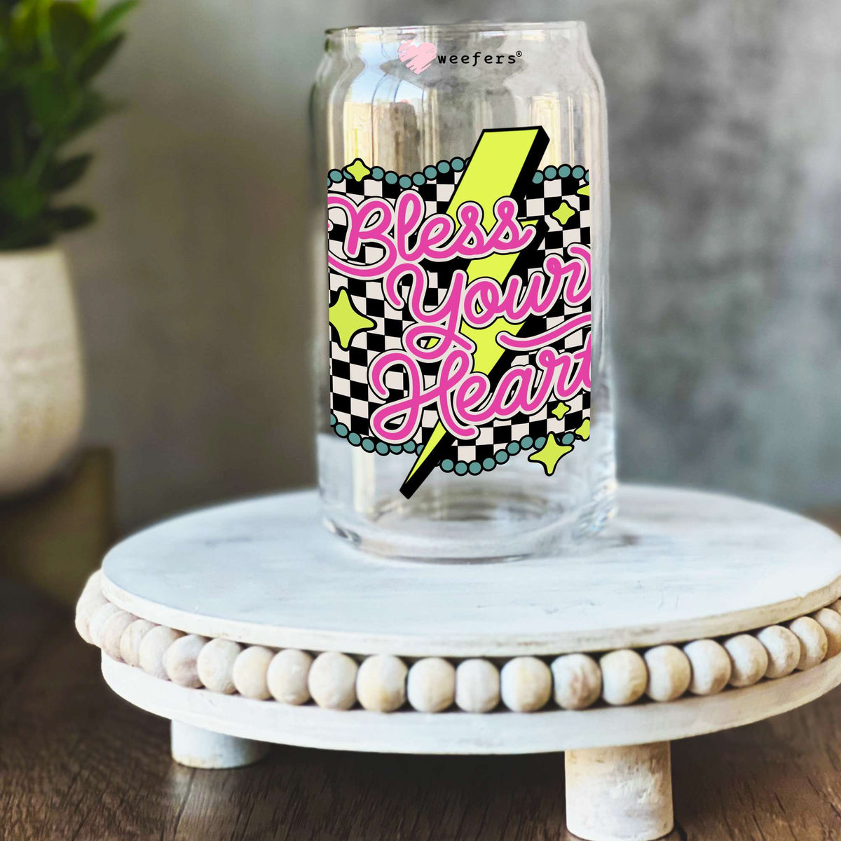 Bless Your Heart Yellow Checkered 16oz Libbey Glass Can UV DTF or Sublimation Wrap Decal Transfer Weefers